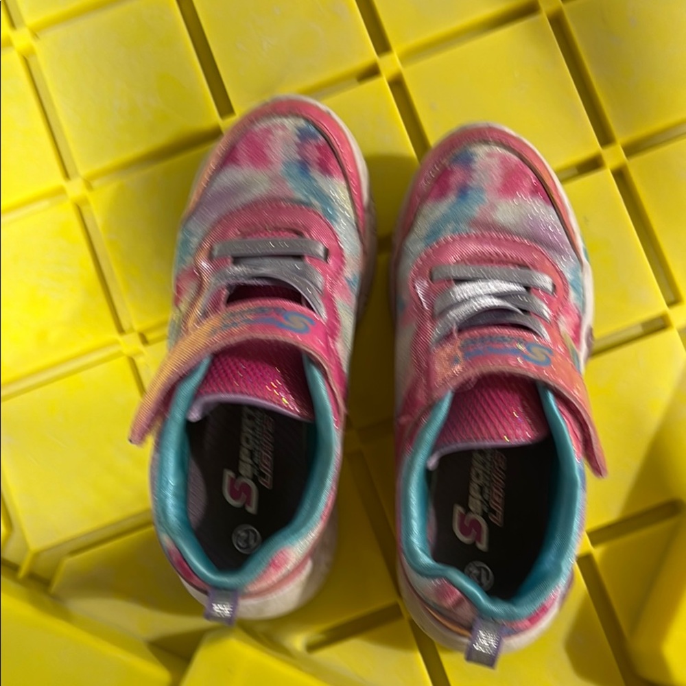 Skechers Pink and Blue Sneakers with Velcro Straps. Light up at the bottom